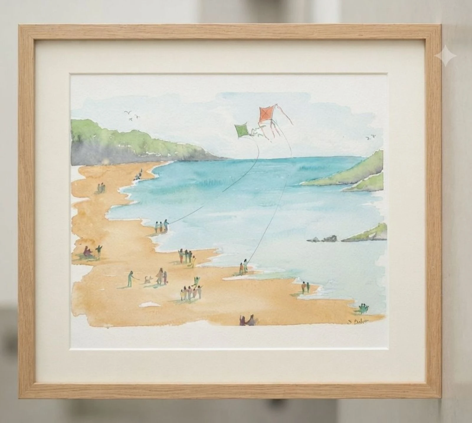 Grande aquarelle peinte à la main "journée à la plage" 